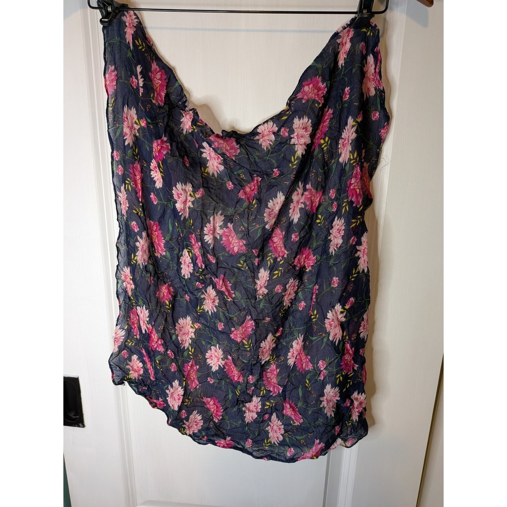 Navy Blue Pink Floral Sheer Scarf Lightweight Crinkle Loop Wrap